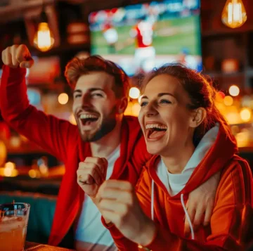 Restaurant customers enjoying food and fun on game day